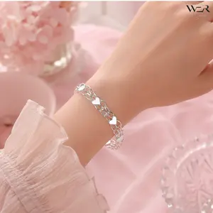 Silver Heart Link Charm Bracelet Delicate Small Pendant Lobster Clasp Adjustable Length Romantic Jewelry for Women Girls Daily Wear Gift
