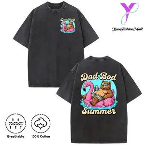 100% Cotton Washed T-Shirt Double-Sided Print (230g Cotton) Dad Bod Summer Bear On Flamingo Float Design For Men And Women 2026 Best Dad Ever TShirt Cool Dad Club Tee Funny Dad Shirt
