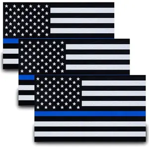 Besby 3pcs Reflective US Flag Stickers, Thin Blue Line American Flag Decal Car Laptop Bumer Sticker 5"x3" Vinyl, Support USA Police and Law Enforcement Officers