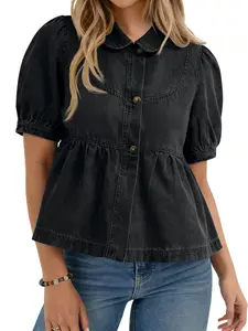 Women's Denim Shirt Blouse with Puff Sleeves, Peplum, Casual Button-Up Top, Loose-Fitting, Summer Fashion