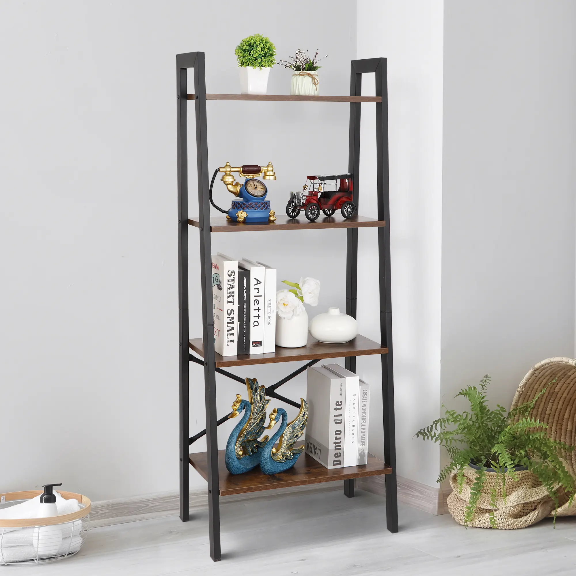 ZENY 4-Tier Ladder Shelf with Rustic Metal Frame, 20 lbs/Layer Extra Support, Space Saving Furniture, Multi-Use Organiser for Living Room Plant Display, Bathroom Storage Rack, Balcony