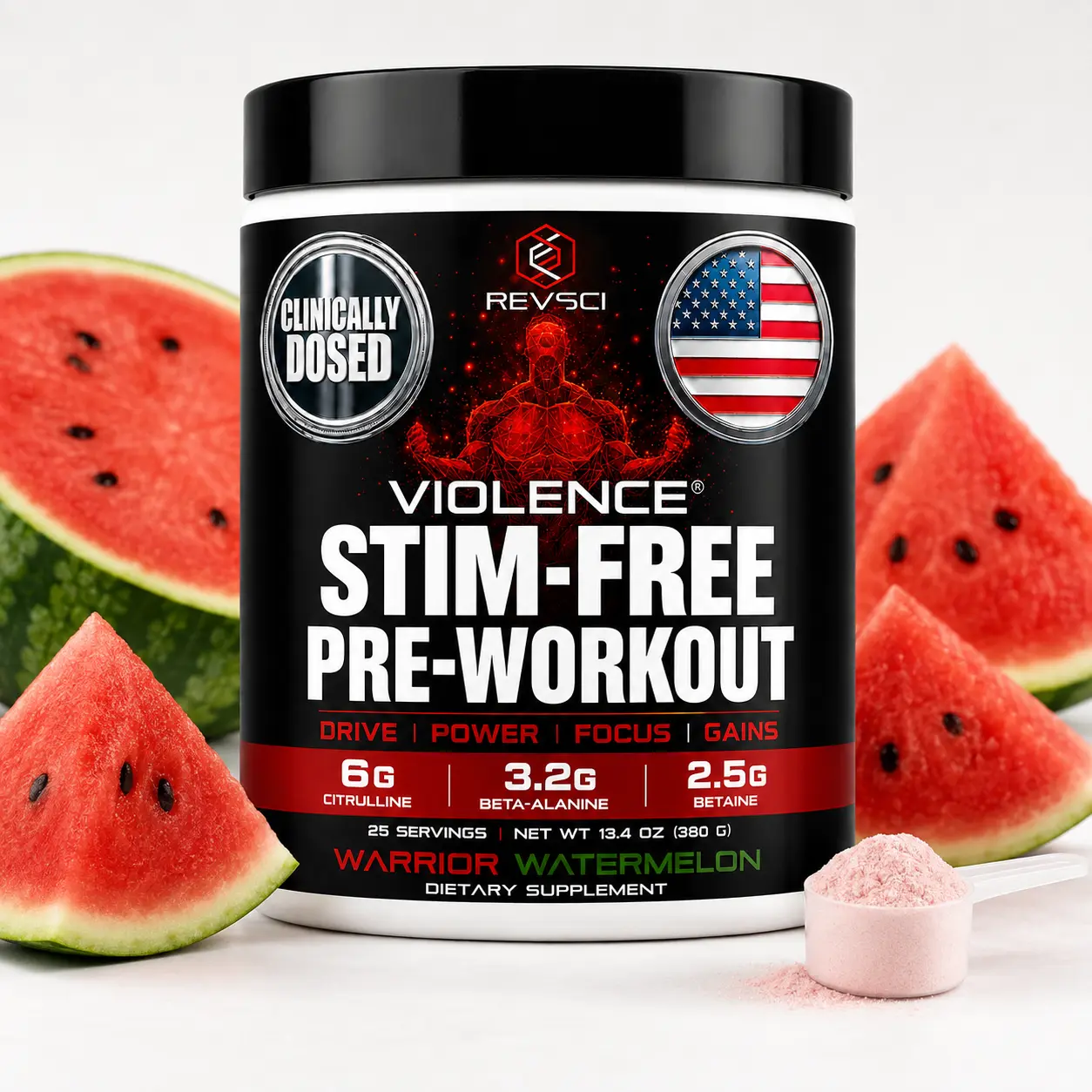 REVSCI Violence Stim-Free Pre Workout Powder Watermelon Flavor 25 Servings Caffeine & Stimulant Free for Men Women Fitness Boost Energy Focus Endurance Healthcare Dietary Supplement Edible
