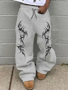 Street Style Flame Print Wide Leg Pants, Casual Street Trousers, Casual Lounge Pants, Drawstring Waist, Breathable Casual Wear, Perfect for Outdoor Activities