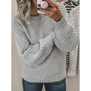 Solid Crew Neck Pullover Sweater, Casual Long Sleeve Sweater For Fall & Winter, Women's Clothing Fabric Knitwear Womenswear Polyester