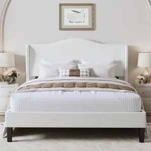 SHA CERLIN Modern Minimalist Bed Frame with Curved Wingback Headboard Heavy Duty Upholstered Platform Bed with Wood Slats Elegant Style No Box Spring Needed