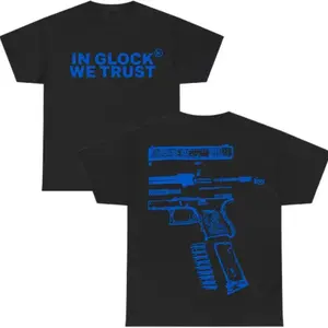 [100% Cotton][ Graphic Tee]In Glock We Trust Blue Unisex T-Shirt – Bold & Stylish Graphic Tee for Gun Enthusiasts, Trendy Summer Casual Cotton Shirt, Comfortable Everyday Wear for Men & Women, Patriotic 2nd Amendment Shirt" Pattern Retro Rifle