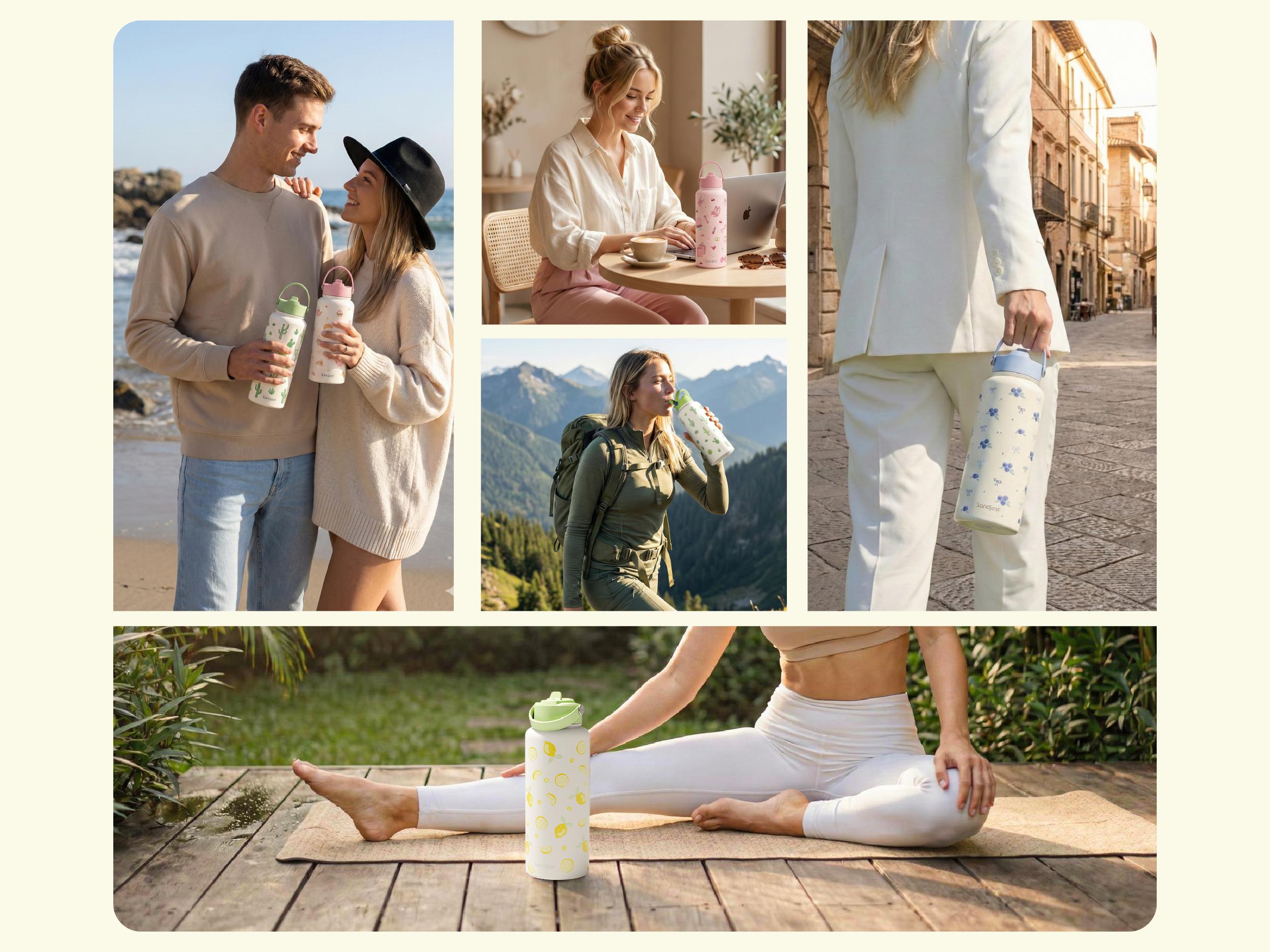 Sandjest 32oz Insulated Water Bottle with Flip Straw & Handle, Stainless Steel Leak Proof Travel Mug, Protective Silicone Base for Sports, Outdoor, Gym, School