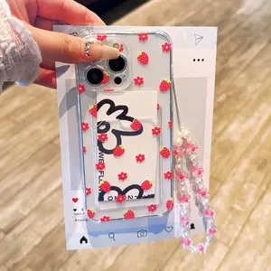 Transparent Card Holder Case for iPhone 15 Pro Max, Cute Floral Design, Shockproof Protective Cover, Fits Apple 14/13/12 Series