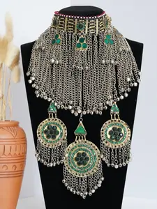 Green Afghani Tribal Jewelry Set for Women | Handmade Kuchi Choker Necklace & Earrings | Boho Ethnic Statement Jewelry | 300g | 13cm
