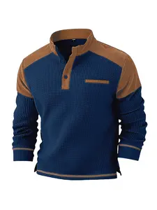 Men's Spring/Autumn New Classic Vintage Color Blocking Textured Waffle Knitwear Fitted Long Sleeve Hoodie, Casual Cozy Jumper, Stylish American Workwear Style Design, with Pockets and Elbowches, Casual Outdoor Feel, Essential Layering Item, Tops