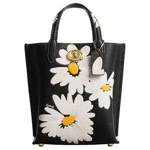 COACH Willow 18 Floral Print Polished Pebble Leather Handbag for Women, Small Size, Black with Multicolor