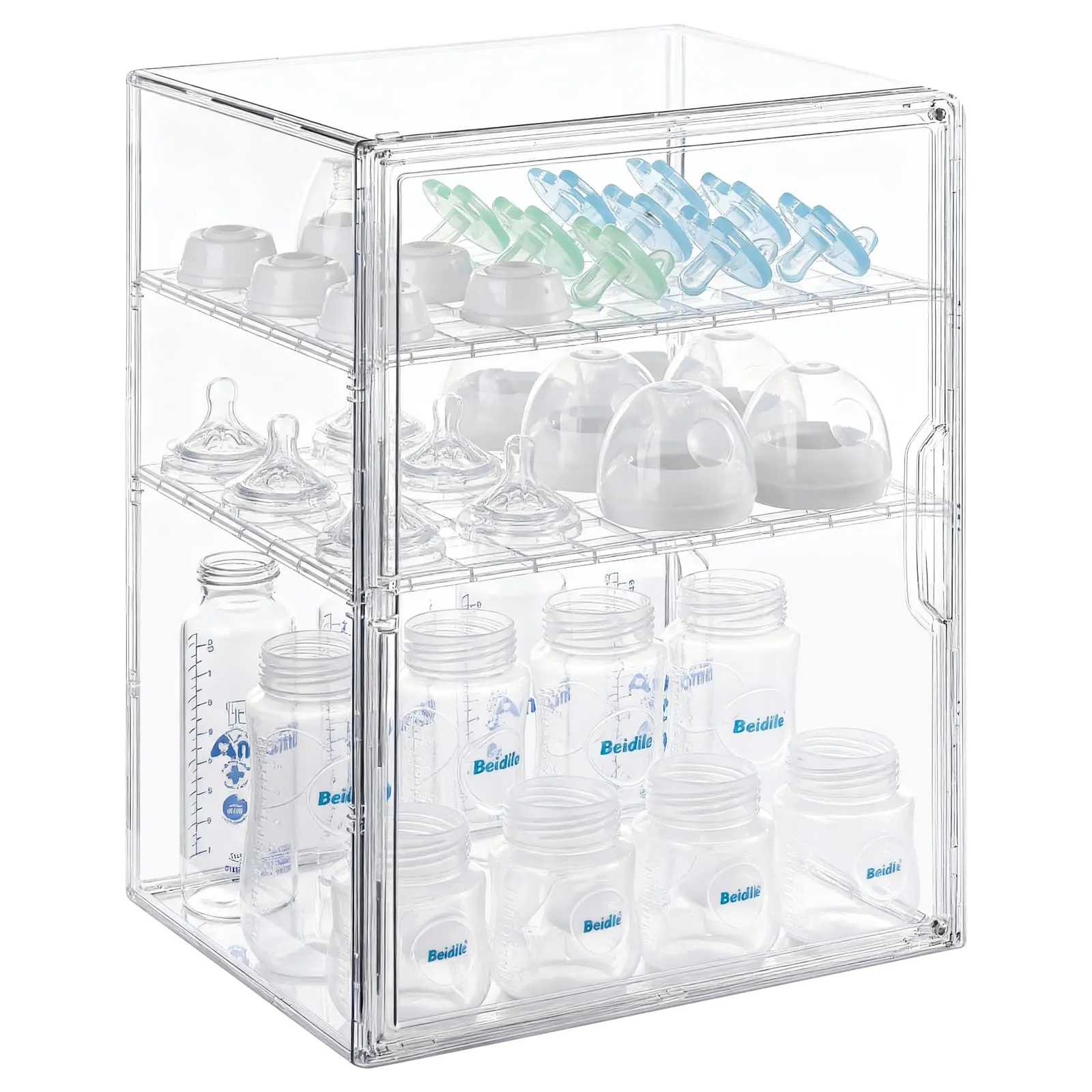 Baby Bottle Storage Organizer for Countertop Cabinet, 3 Tiers Adjustable Clear Acrylic Bottles Storage Station Case Box Container with 2 Removable Dividers and Magnetic Door, Large