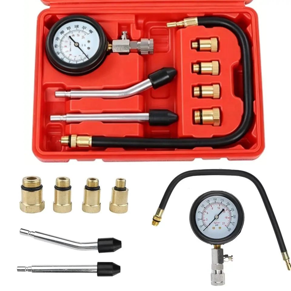 Universal Petrol Compression Tester Gauge Kit, 8PCS Automotive Engine Testing Tools, 0-21kg/cm² Range, Easy Pressure Release, for Vehicle Motorcycle Lawn Equipment, Dual Color Dial, Full Coverage Adapter