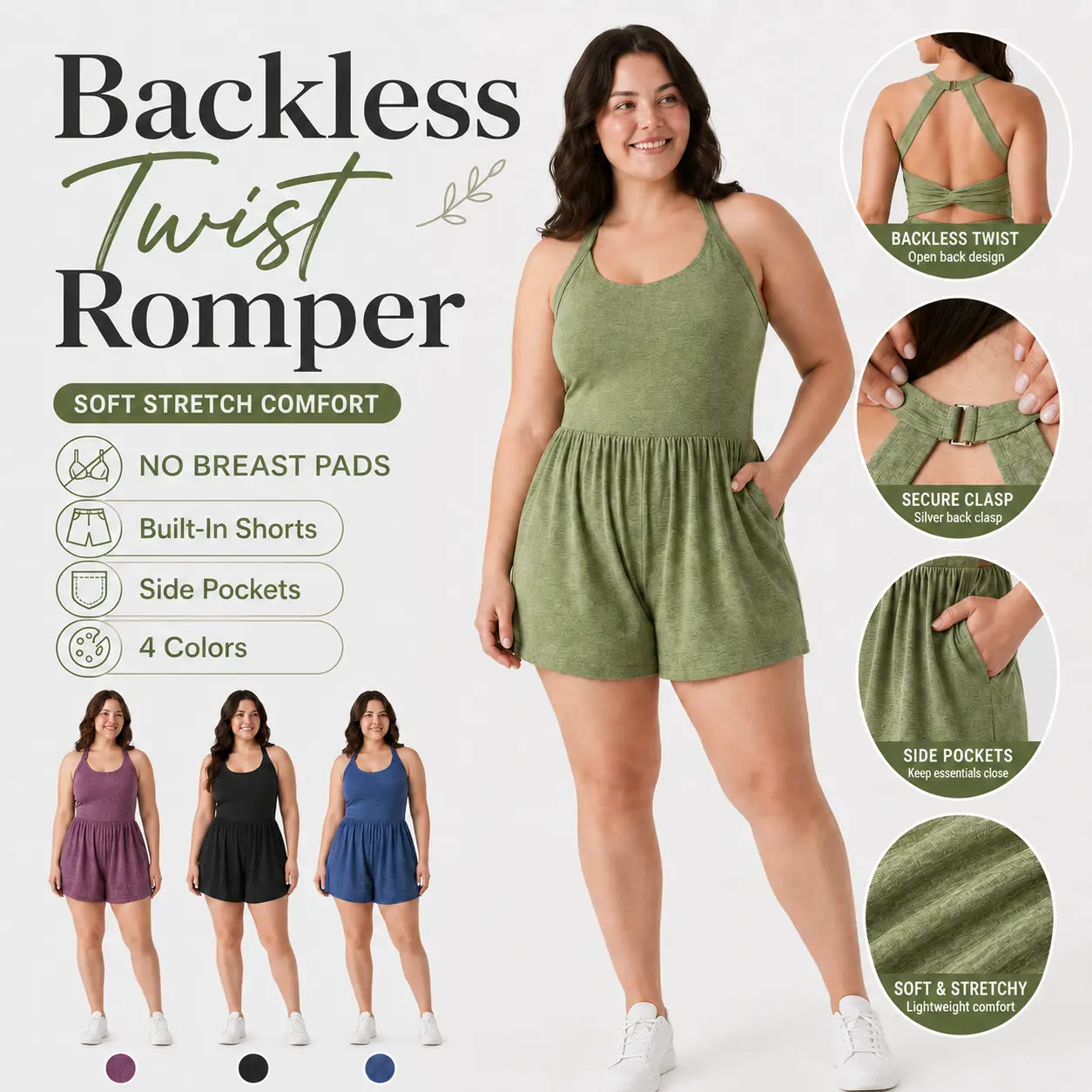 Backless Twist Romper for Women with Built-In Shorts, NO BREAST PADS!! Side Pockets, Soft Stretch Sleeveless 2-in-1 Summer Resort Romper for Casual, Sport & Vacation Wear, summer hairstyles, outdoor furniture set, 4th of july outfits
