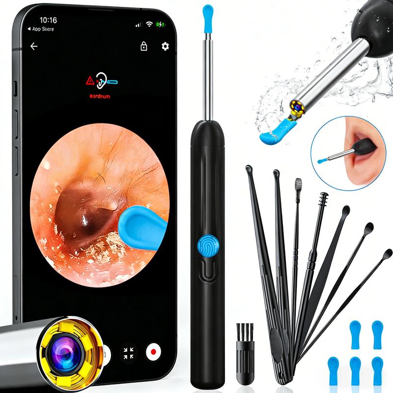 1080P Ear Wax Removal Kit with Camera & 6 LED Lights 8 Ear Picks Compatible with iPhone Android iPad Black Ear Care Solution