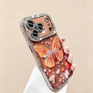 Women's High-End Orange Rhinestone Butterfly Phone Case for iPhone 17 Pro Max, with Lens Film Compatible for iPhone 16/15/14
