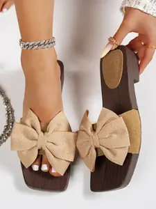 Women's Fashionable Bowknot Design Slides, Casual Comfortable Square Toe Slides, Non-slip Beach Slippers, Trendy All-match Slide Slippers for Indoor & Outdoor Wear, Shoe