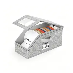 Hat Storage Organizer Box with Clear Window, Baseball Cap Storage Bin with Label, Foldable Hat Organizer for Closet, Bedroom, Cabinet, Space Saving Hat Holder, Cute Closet Organization, TikTok Viral
