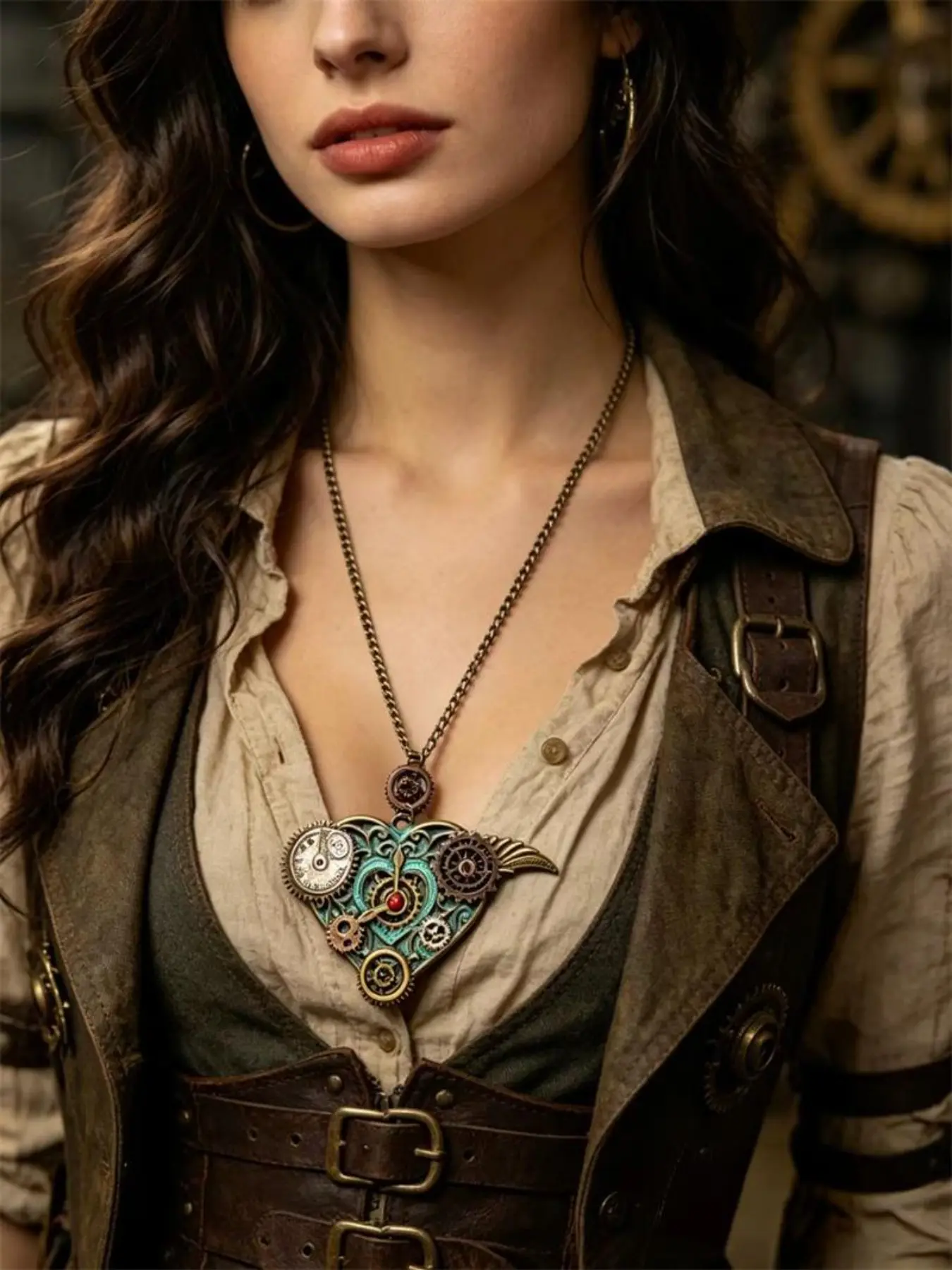 Women's Vintage Green OX Heart Pendant Necklace, Qualited Handmade DIY Gears Clock Wing Steampunk Necklace, Unique Retro Jewelry Gift for Steampunk Occassions