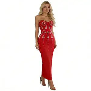 Red Strapless Rhinestone Floral Embellished Bandage Maxi Dress, Luxury Hourglass Shapewear Party Gown For Wedding Guest & Night Out