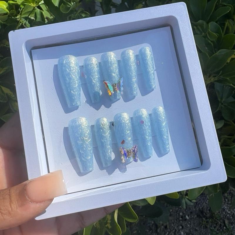 Blues N’ Butterflies Large Gel Press on Set Long Coffin Iridescent Blue Press on Nails Handmade Blue Butterfly Charm Nails