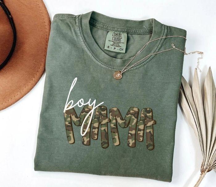 Boy Mom Graphic T Shirt – “Boy Mama” Camo Letter Print Comfort Colors Tee, Trendy Mom Life Shirt, Neutral Aesthetic Unisex Top, Gift For Boy Moms