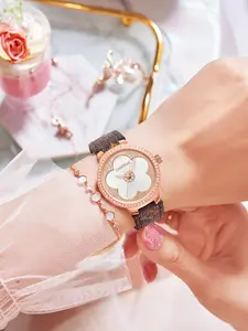 Women's Rose Gold Watch Leather Strap Floral Dial, Quartz Movement, Elegant Versatile Design, Daily Wear, Perfect Gift