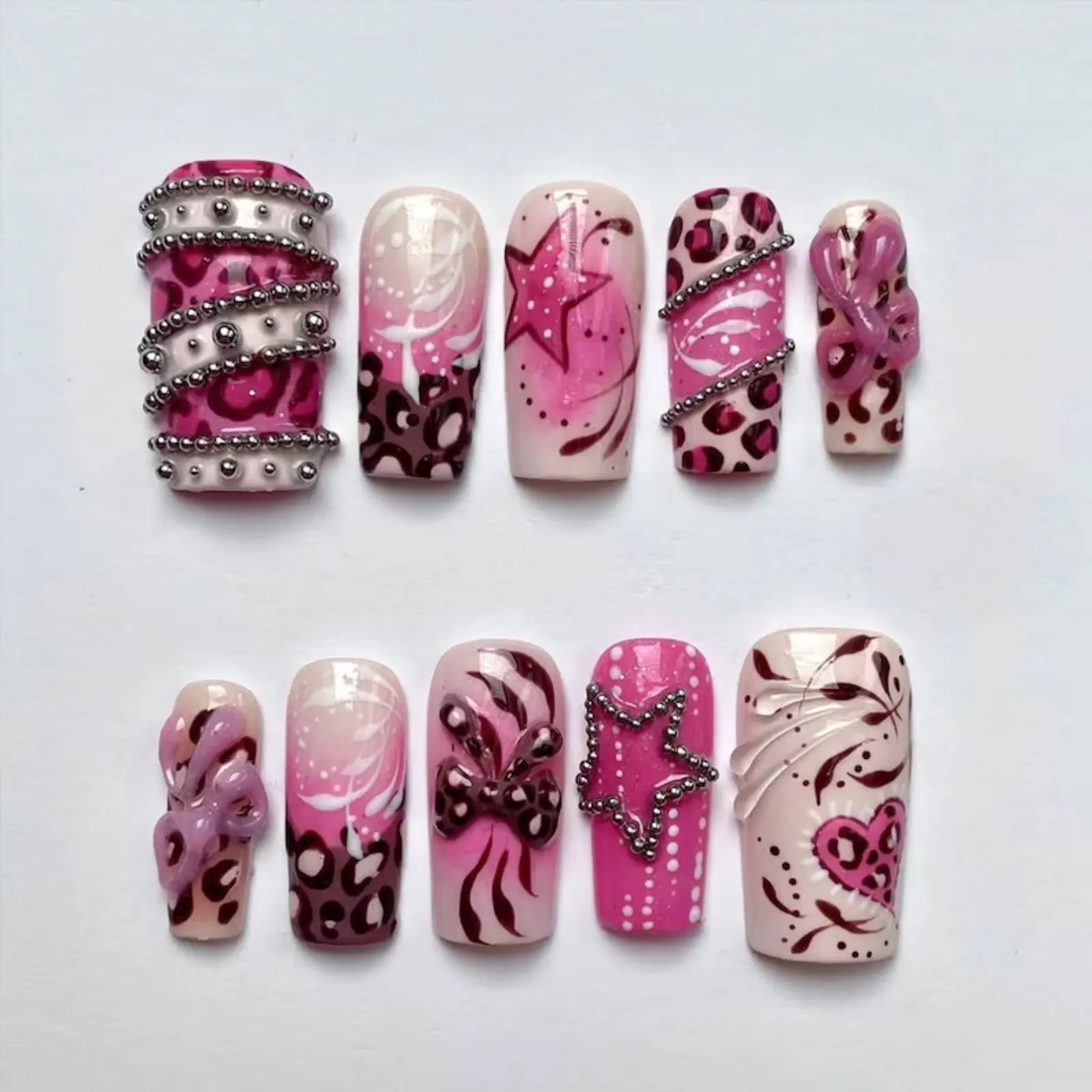 Pink Brown 3D Press On Nails, Cute Coquette Nail Art, Hand Painted False Nails with Bows, Hearts & Rhinestone Details
