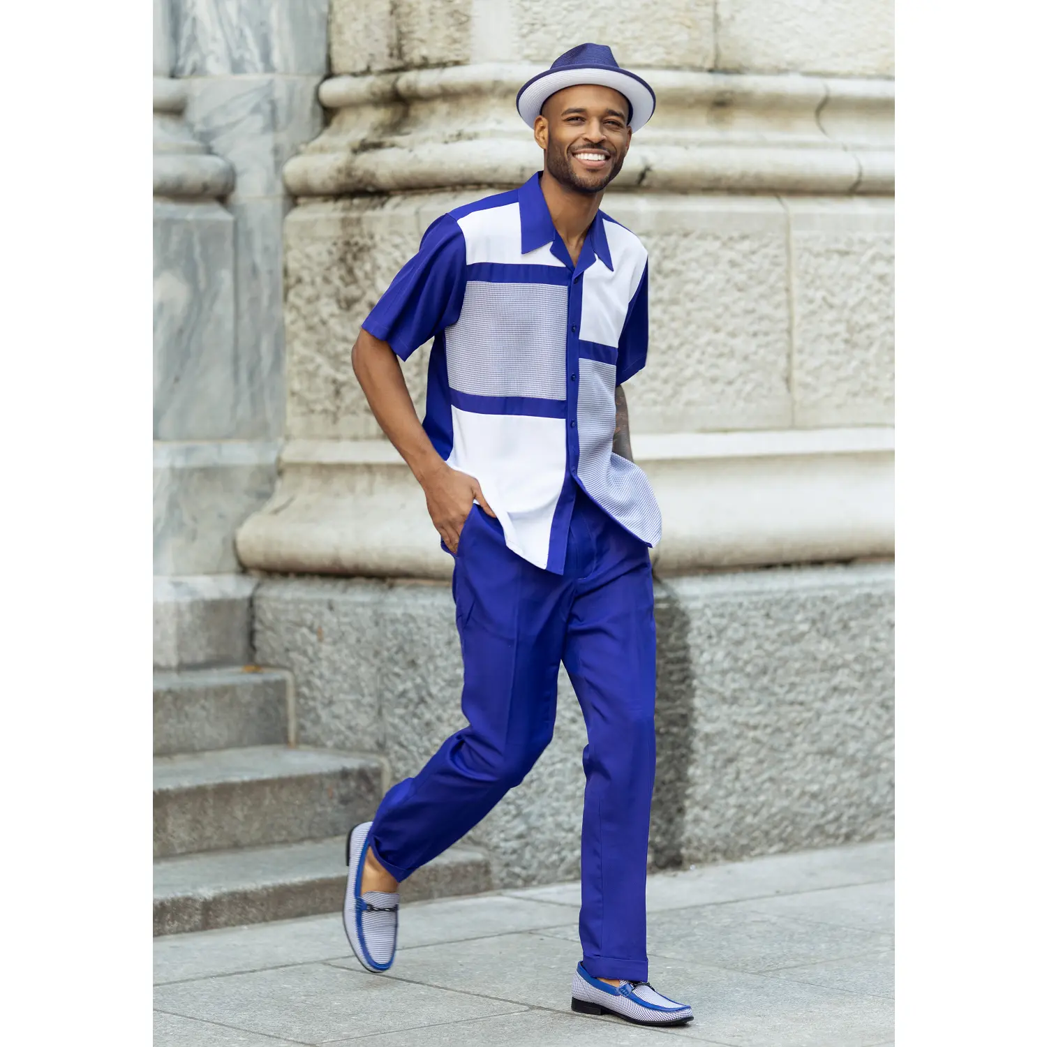 Purple Houndstooth Color Block Short Sleeve Walking Suit by Montique