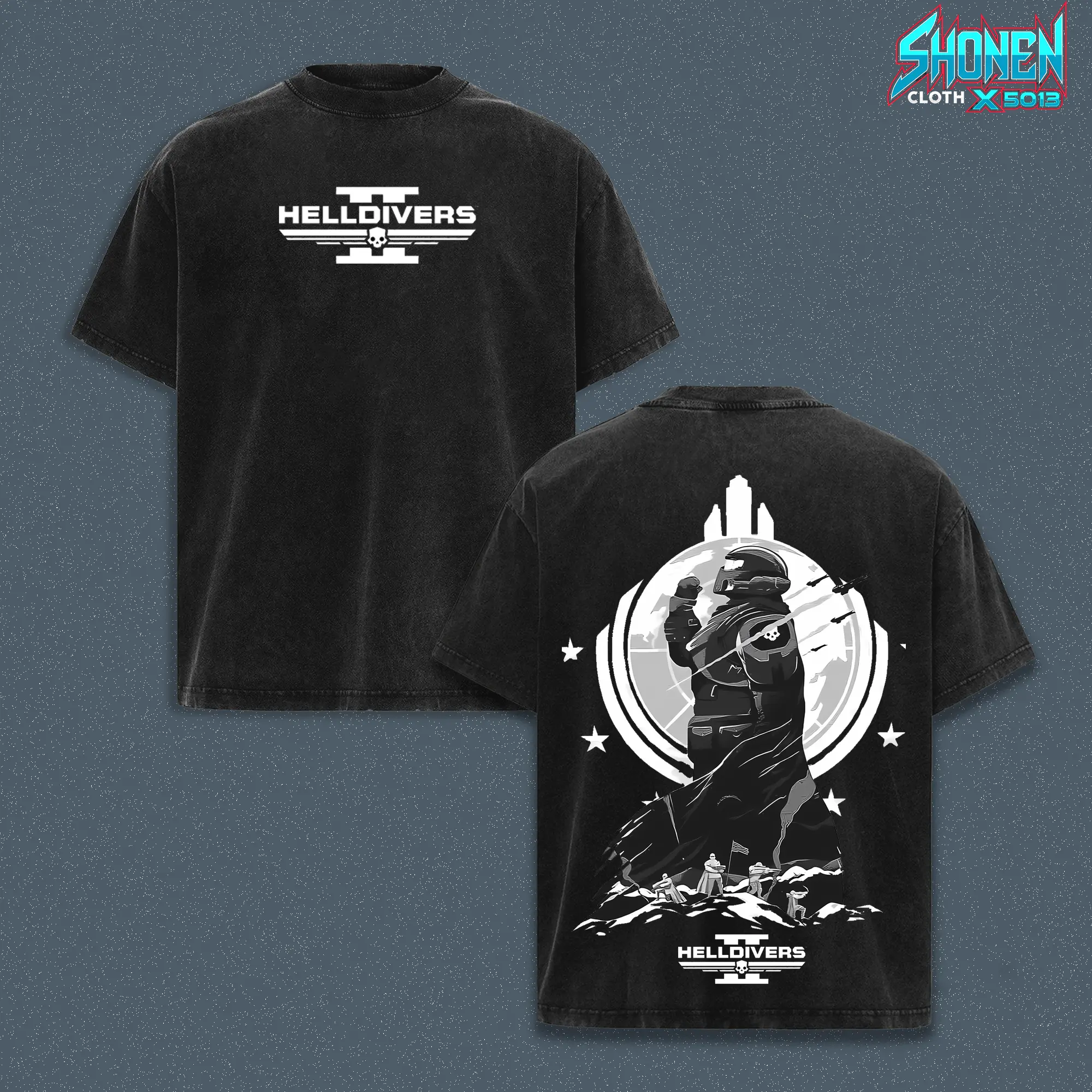 Helldivers 2 Graphic Tee, Super Earth Soldier Vintage Washed Black Oversized T-Shirt, 100% Heavyweight Cotton Premium Fit Loose Top, Co-op Gaming Fan Streetwear Aesthetic Clothing Unisex