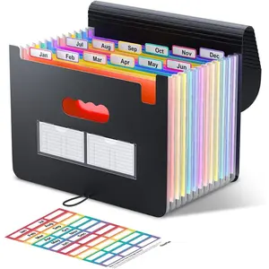 Accordion File Organizer, 12 - Pocket Expanding File Folders for Paper Receipts, Bills&Taxes Organizer, Letter/A4 Size Document Holder for School, Office,  with Colorful tabs- Black