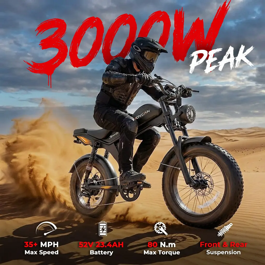 Movcan Global V70 Electric Bike, Electric Motorcycle with 52V 23.4Ah Removable Battery 20” Fat Tire Dirt Bike, 3000W Motor 35 MPH Top Speed E Bikes, 7 Speed Dual Hydraulic Brake Electric Bikes for Adults Lightweight Folding Ebike