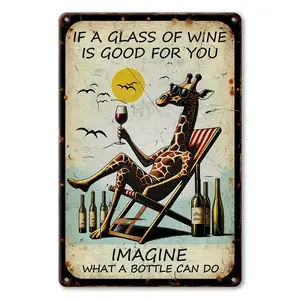 1pc Vintage Humorous Giraffe Metal Tin Sign "If a Glass of Wine is Good for You" - 8x12 Inch Wall Art Plaque, Waterproof with Pre-Drilled Holes for Easy Hanging, Versatile Decor for Home, Garden, Man Cave, Outdoor Spaces, English Text