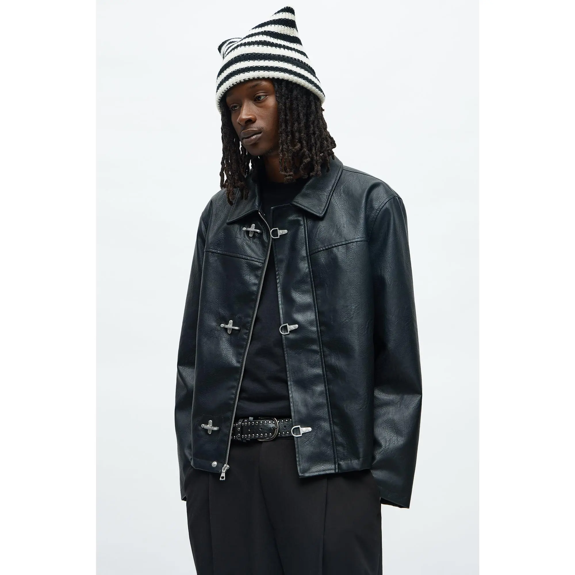 Fireman Clasp Faux Leather Jacket - Black - TikTok Shop