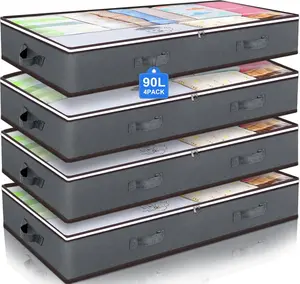 Under Bed Storage Containers (90L), Closet Organizers and Storage Bins, Foldable Underbed Storage Bags for Linen Sheets, Blanket, Clothing, Comforter, Sweaters, Pillows, Wrapping Paper, Grey