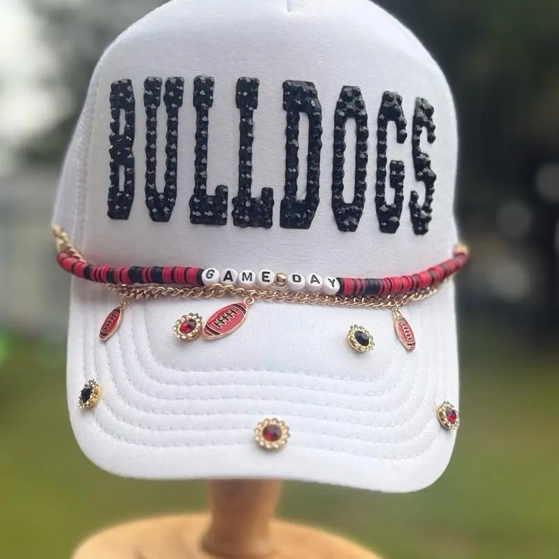 Custom Name College Football Bulldogs White Trucker Hat with Game Day Charms and Football Design Accents
