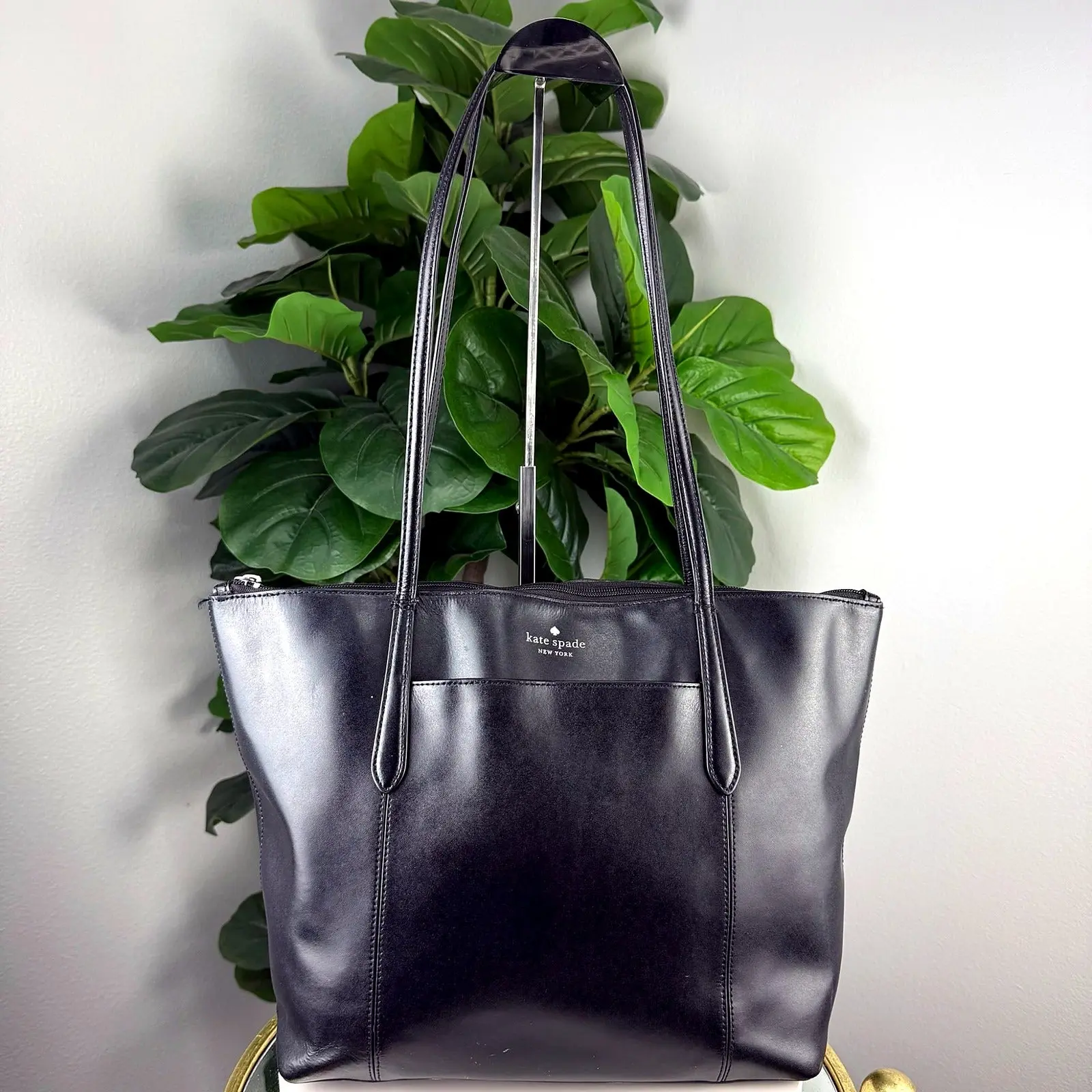 Pre-owned Leather Tote Bags Authentic Kate Spade New York Black Zip Top Tote Bag