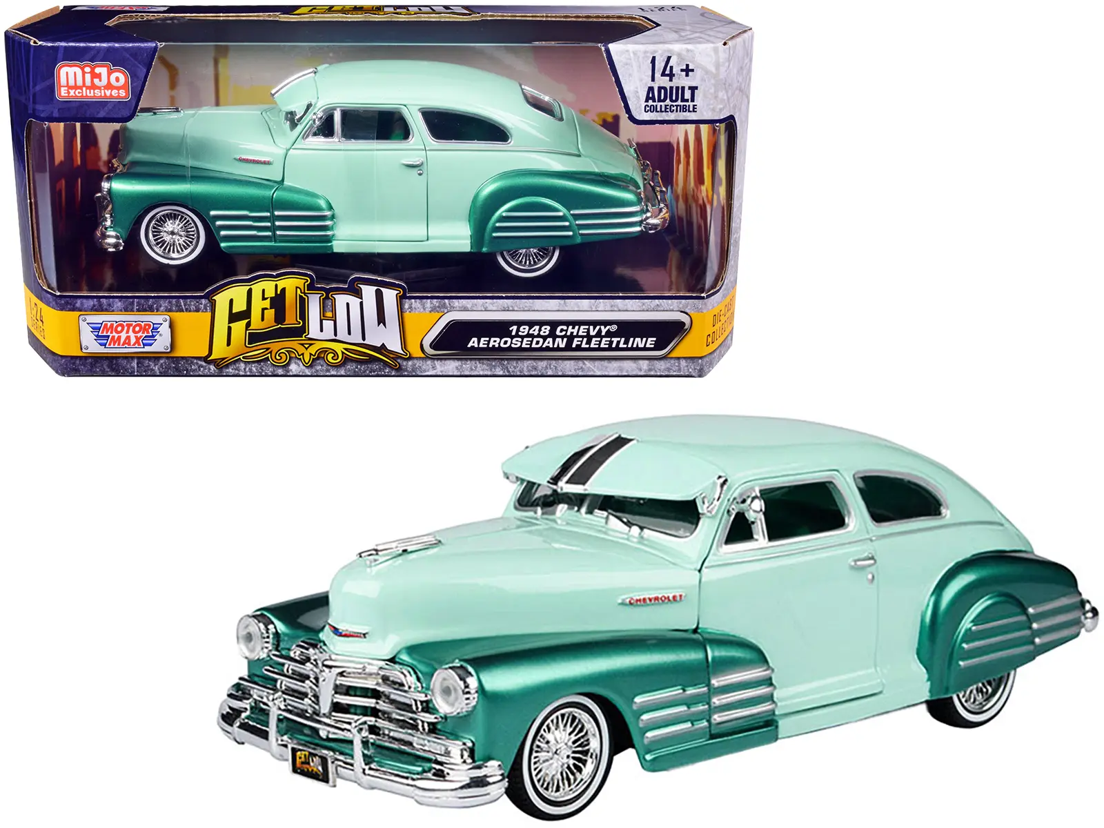 1948 Chevrolet Aerosedan Fleetside Lowrider Pastel Green & Green Met. Two-Tone "Get Low" 1/24 Diecast Model Car by Motormax