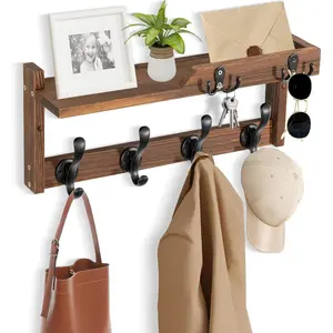 Coat Rack Wall Mount with Shelf, Coat Hanger Wall Mount with Key Hooks and Mail Holder,  Entryway Floating Shelf with Hooks and Storage, Hat Rack for Wall Key Holder Mail Organizer