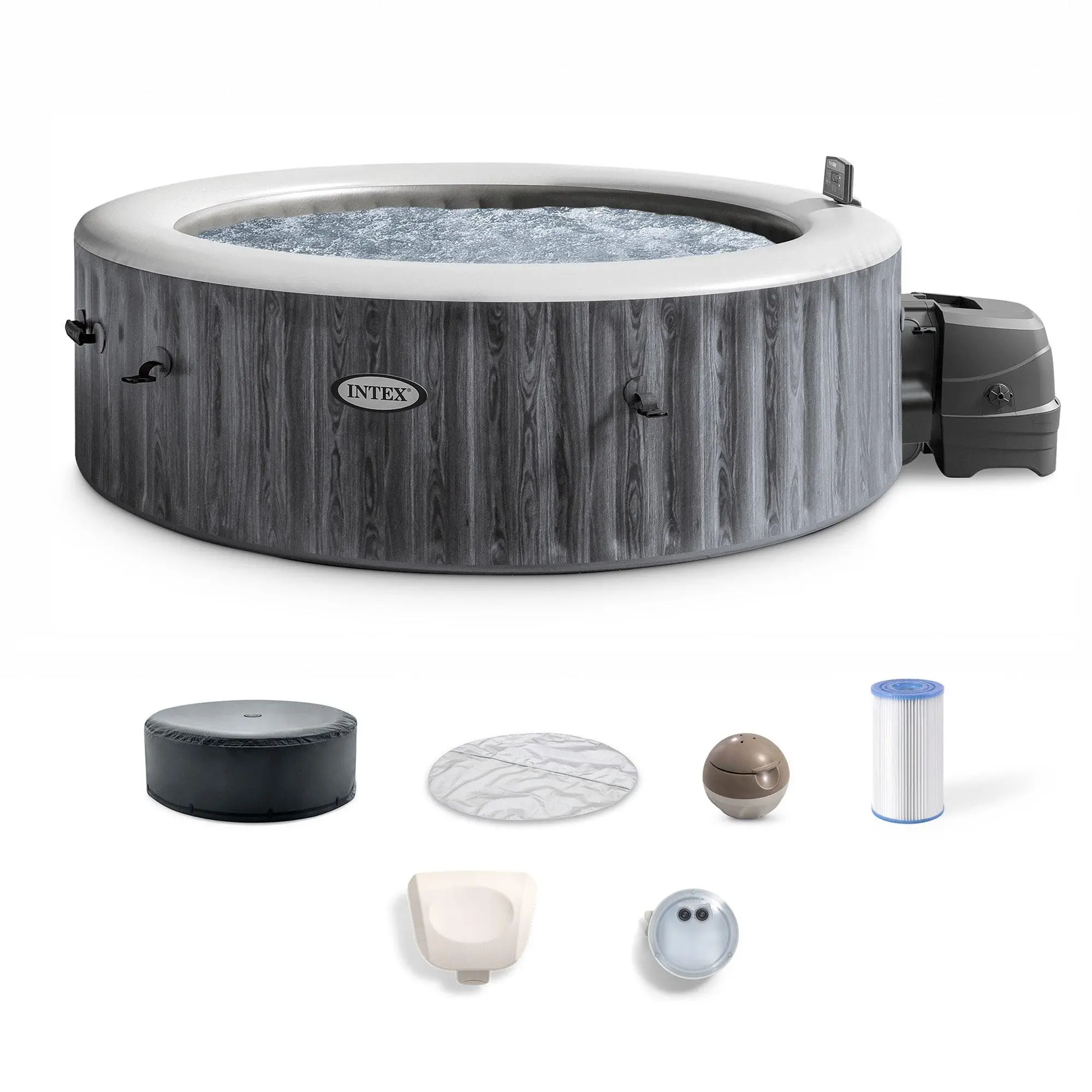 Intex PureSpa Greywood Deluxe Spa Set, 170 Bubble Jet Hot Tub with Cover, 85x28" Intex PureSpa Greywood Deluxe Spa Set, 170 Bubble Jet Hot Tub with Cover, 85x28"