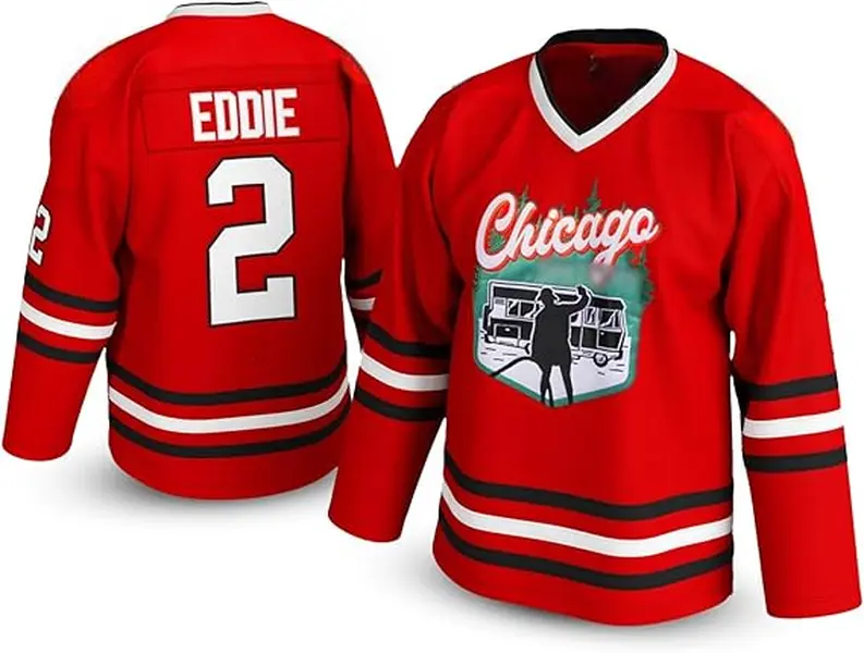 Retro Red Ice Hockey Jersey Long Sleeve Streetwear Graphic Print Casual Sports Number 2 Eddie Vacation V-Neck Oversized Sweater Men Women Activewear Unisex Breathable Game Day Uniform
