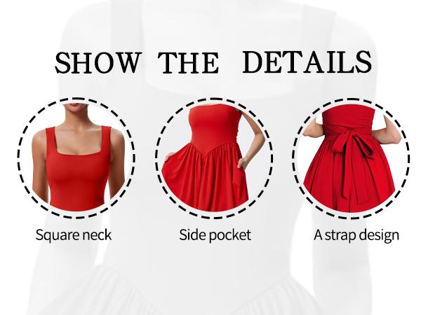 OYS Women's Summer Sleeveless Square Neck A-line Ruffle Hem Mini Tank Dress With Pockets