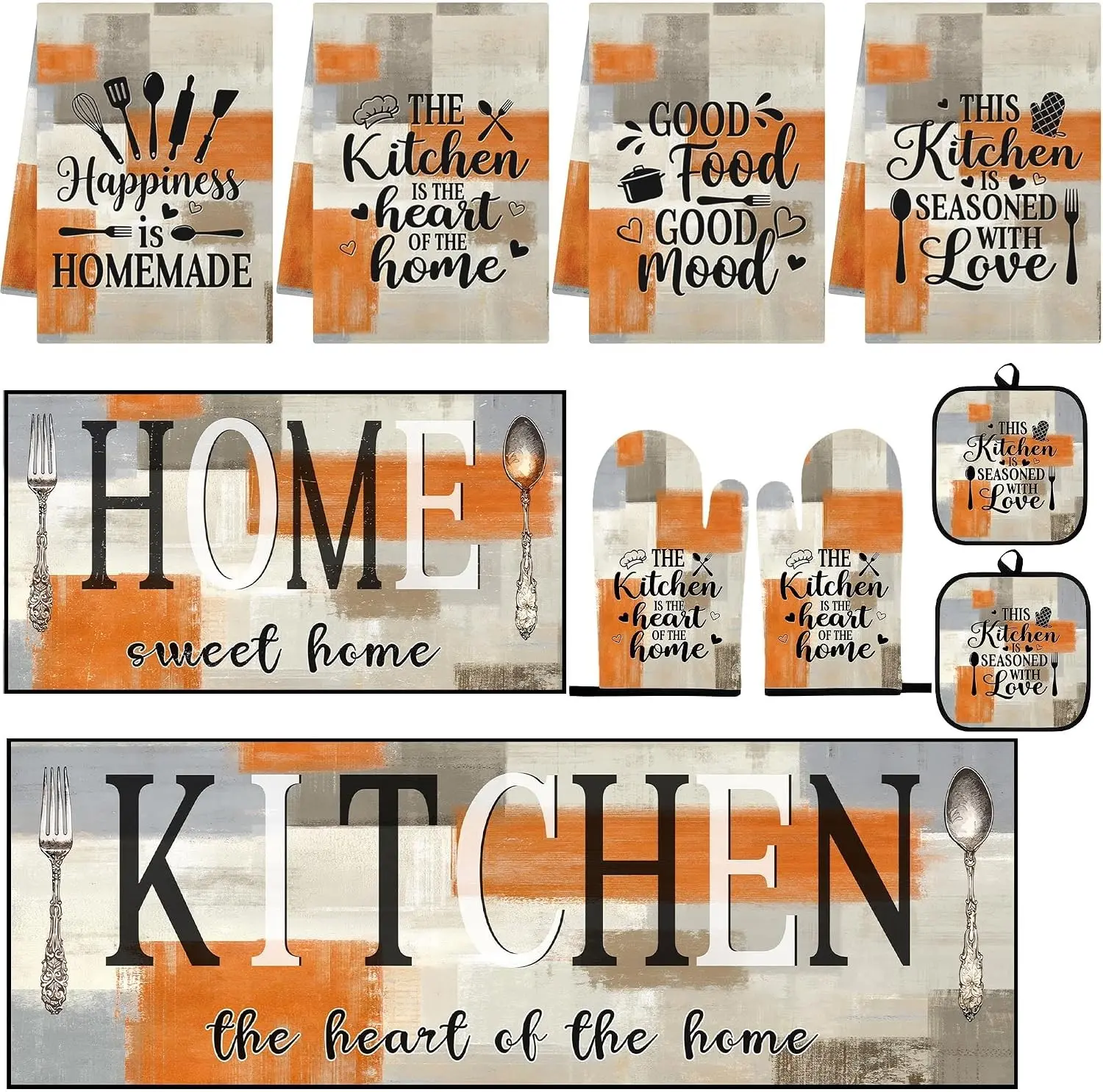 10 Pcs Orange Beige Kitchen Decor and Accessories Set, 4 Dish Towels Kitchen Rugs 2 Oven Mitts 2 Pot Holders, Home Decor for Cooking Baking BBQ, Gifts for Women Mom Housewarming