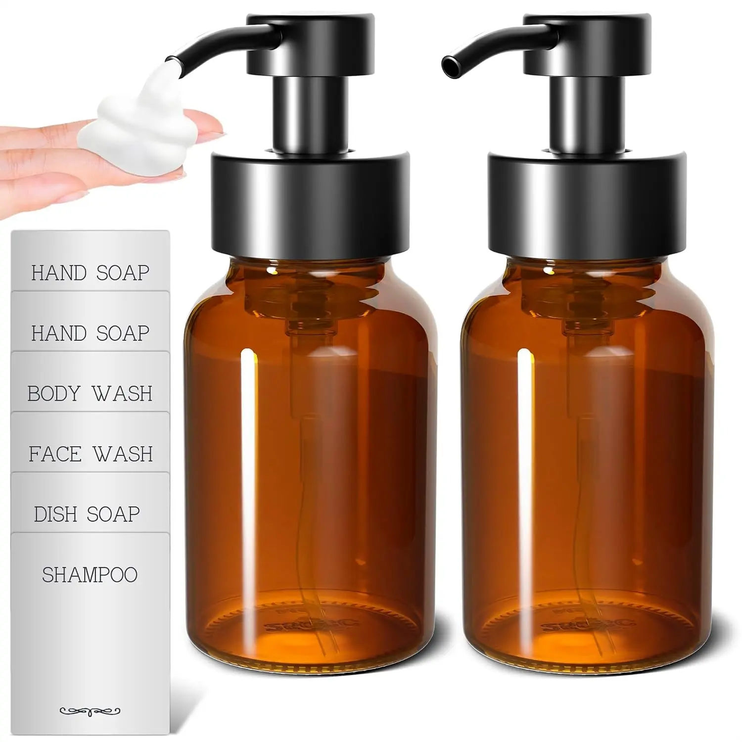 2Pcs 8.5oz Amber Glass Foaming Soap Dispenser with Pump, Durable Stylish Refillable, Compatible with Hand Soap, Dish Soap, Shampoo & Gel for Bathroom and Kitchen