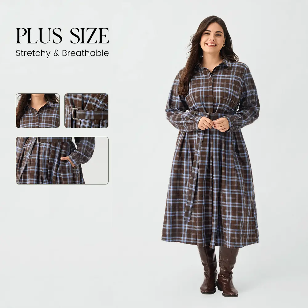 Ritera Plus Size Plaid Shirt Dress Adjustable Waist Tie Fall Winter Dress with Pockets for Curvy Women