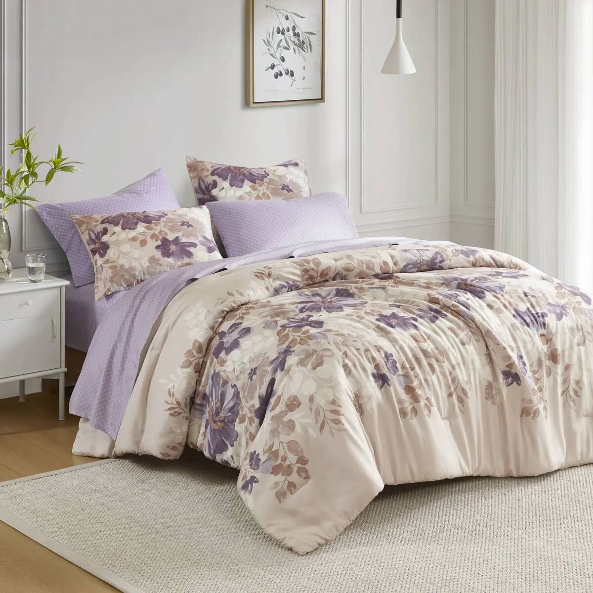 Taupe Floral Queen Comforter Set with Sheets – Soft Lightweight Bedding for All Seasons, 3-Piece Bed in a Bag with Pillowcases, Ideal for Master or Guest Bedroom