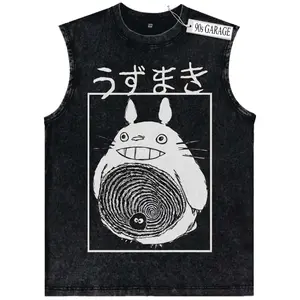 Men's Vintage Washed Horror Tank Top | Retro Spiral Manga Graphic Muscle Shirt | Distressed Acid Wash Cute Monster Vest | Casual Harajuku Streetwear Tee