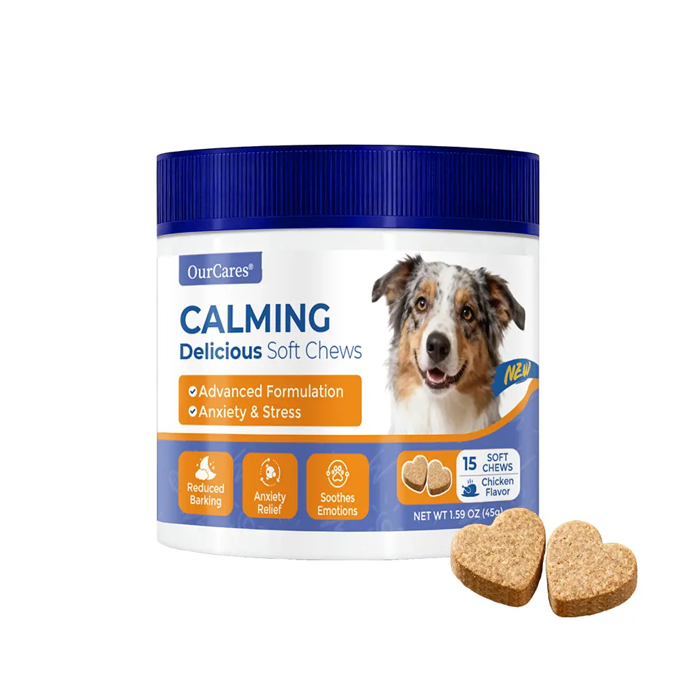 OurCares Newly Upgraded Formula Chicken Flavor Dog Chewable Calming Supplements - 15 Count Single Item, Chamomile Passionflower Melatonin Multivitamin for Anxiety Relief, Coat & Skin Health, Immune Booster with Ani Wellderma Prex Active Ingredient