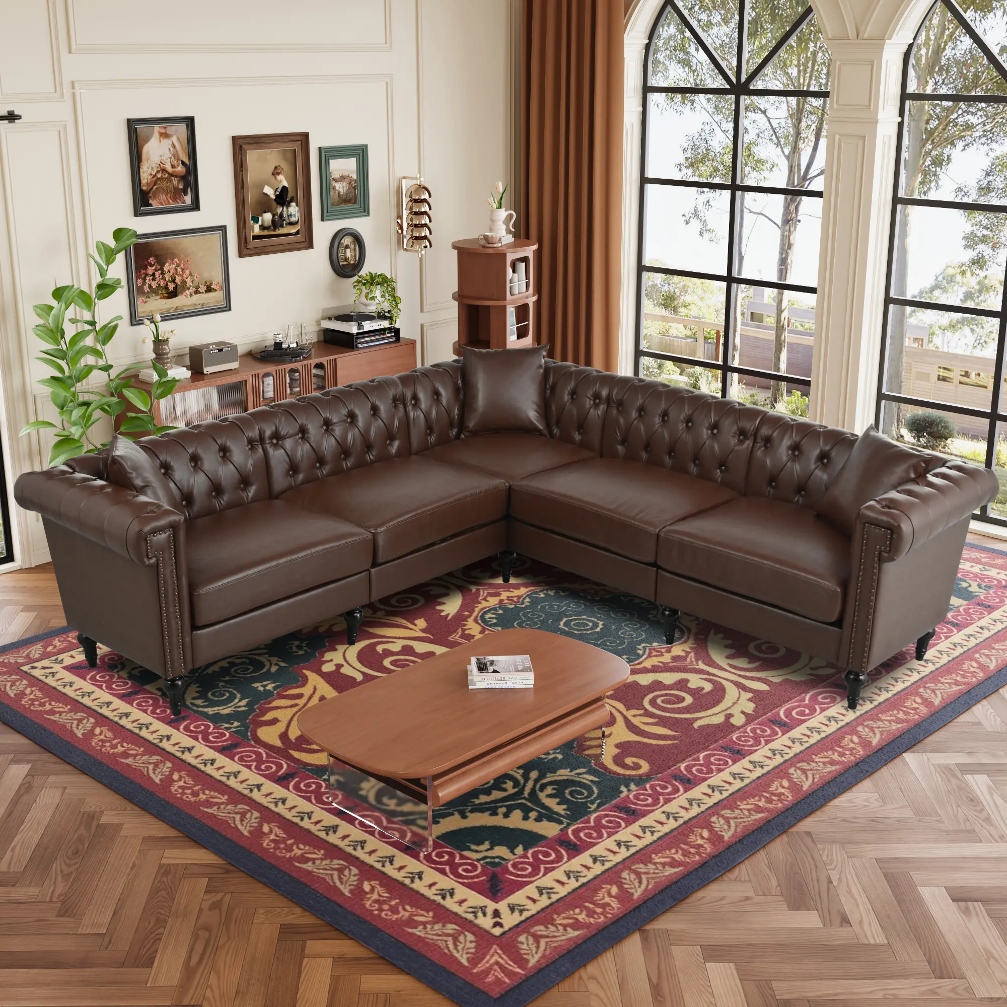 Sectional Sofa Couch for Living Room, L Shaped Reversible Modern Chesterfield Sofa with Rolled Arms and Nailhead, 5 Seat Tufted Couch for Small or Large Space PU Leather