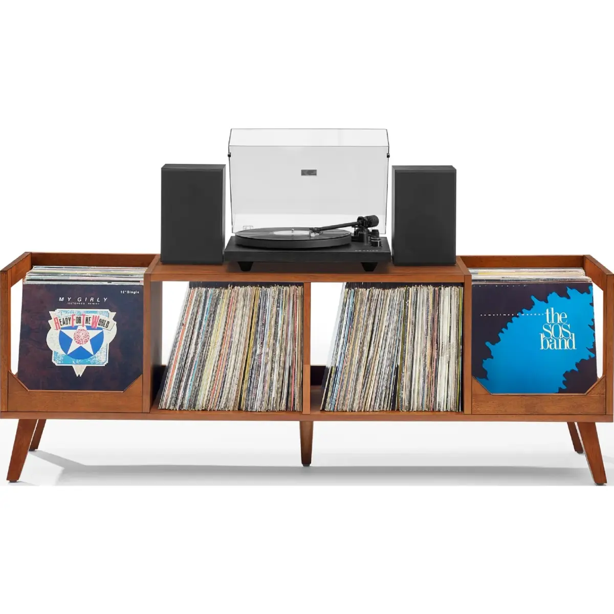 Walnut Veneer Low Profile Record Player Stand (CF1149-WA) - 60.13" W x 16" D x 20.5" H, Tapered Legs, 35 lbs/Shelf, 50 lbs Console Top, Space-Saving Indoor Furniture Storage Console, Assembly Required